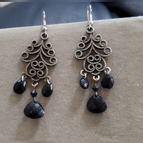 Fancy Scroll, chandelier dangle, black faceted acrylic crystals earrings. - Picture 4 of 5